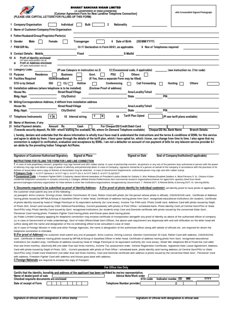 BSNL Landline Application Form Terms | PDF | Identity Document | Cheque