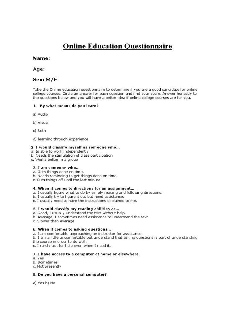 Online Education Questionnaire | PDF | Educational Technology ...