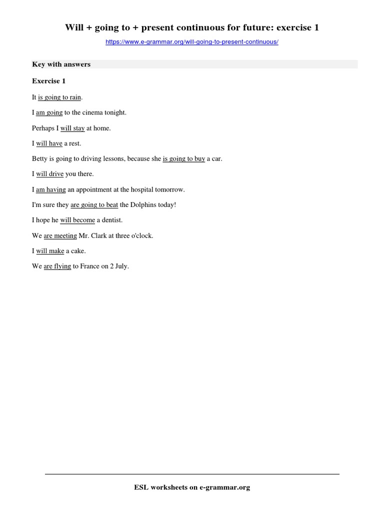 Will Going To Present Continuous Exercise 1 Key Pdf