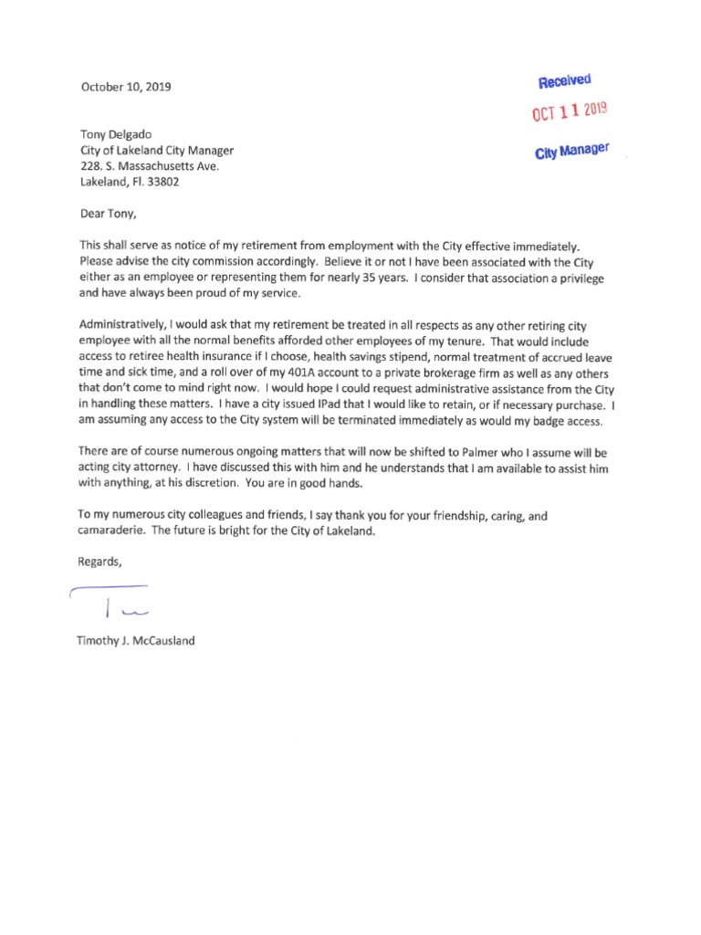 Lakeland City Attorney Timothy McCausland Retirement Letter PDF