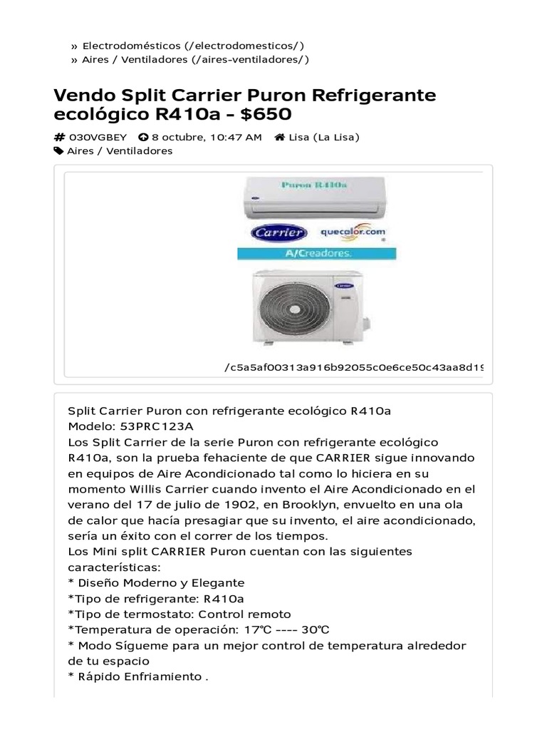 Electrodomésticos Aires - Ventiladores Vendo Split Carrier Puron ...