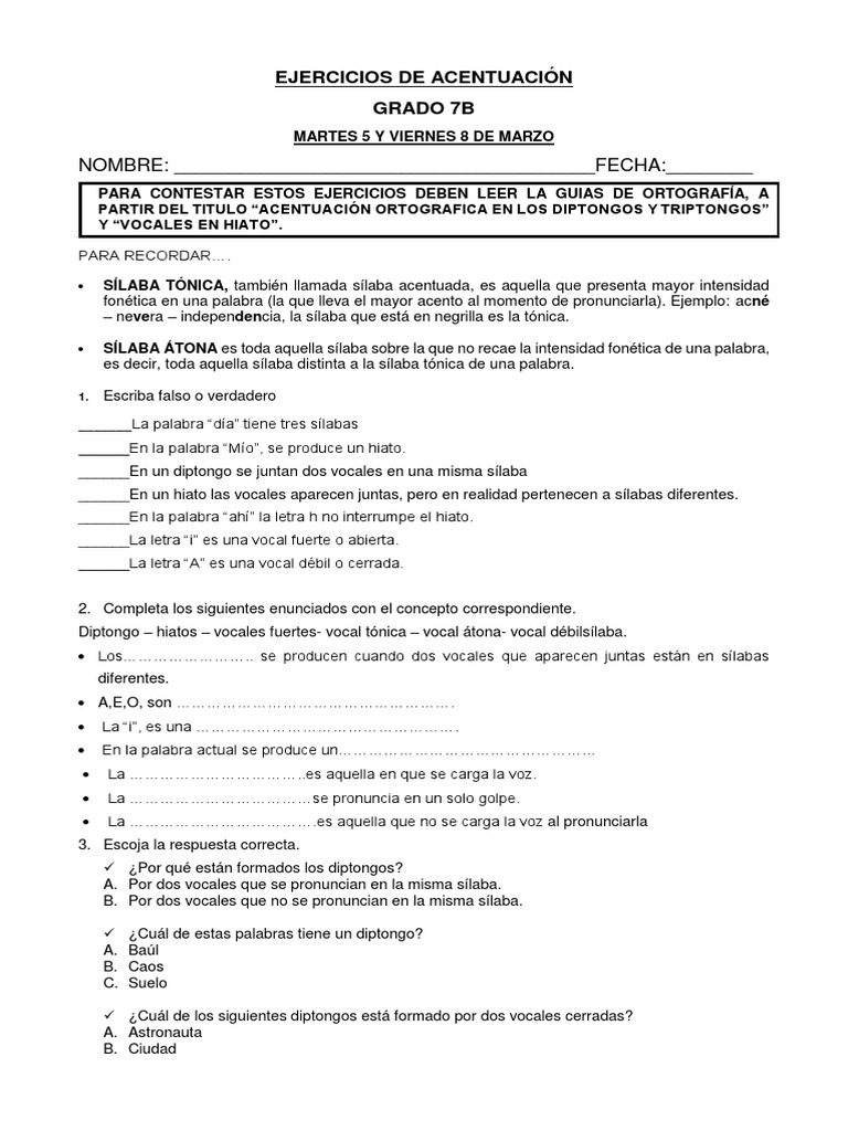 Ejercicios de Acentuación para 7B | PDF | Vocal | Sílaba