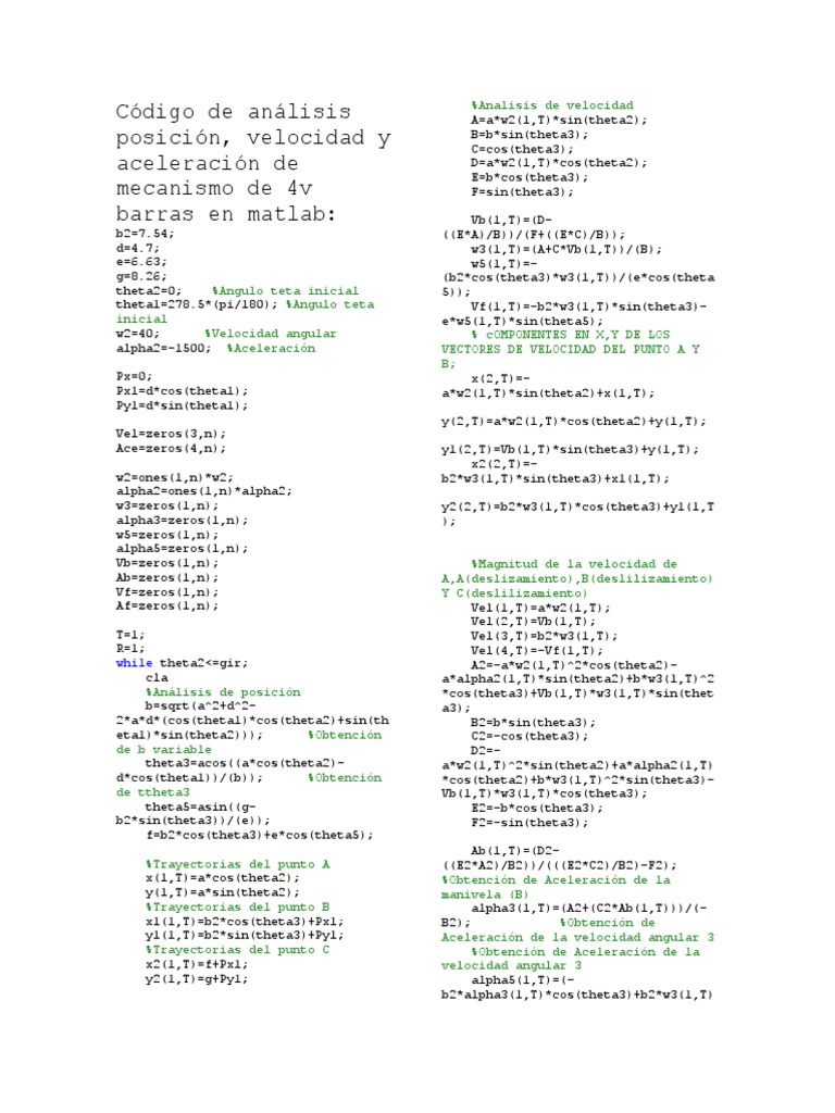 Codigo Matlab Doble Biela Manivela Tarifas Aceleracion
