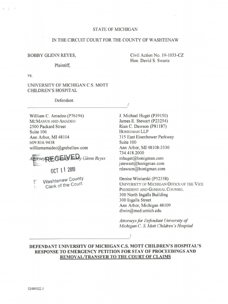 2019 10 11 Response To Petition For Stay Of Proceedings