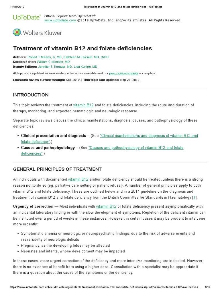 Treatment of Vitamin B12 and Folate Deficiencies - UpToDate | PDF ...
