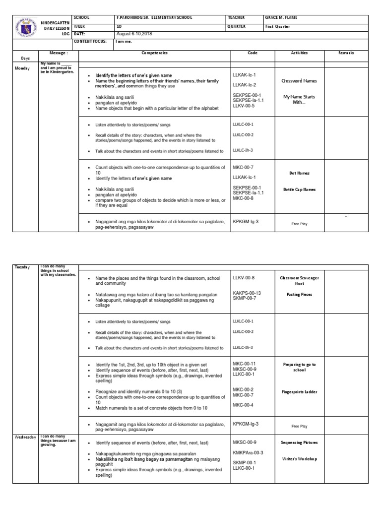 Kindergarten Daily Lesson Plan | PDF