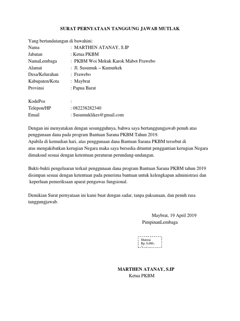 Surat Pernyataan Tanggung Jawab Mutlak 