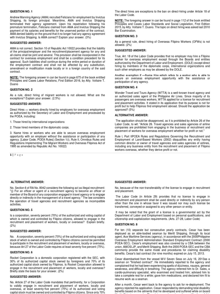 Bar Question No. 2 | PDF | Employment | Migrant Worker
