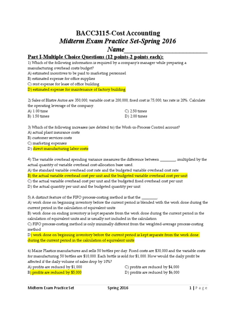 Cost Accounting Midterm Exam Practice | PDF | Inventory | Cost