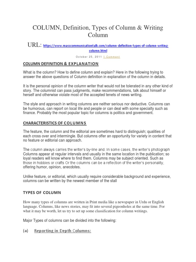 COLUMN Definition Types of Column and WR  PDF  Writers  News