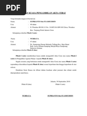 Surat Kuasa Pengambilan Akta Cerai