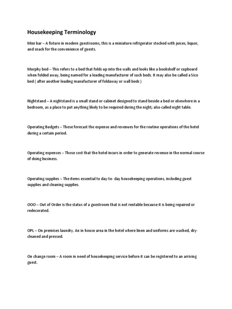 Housekeeping Terminology PDF Housekeeping Hotel