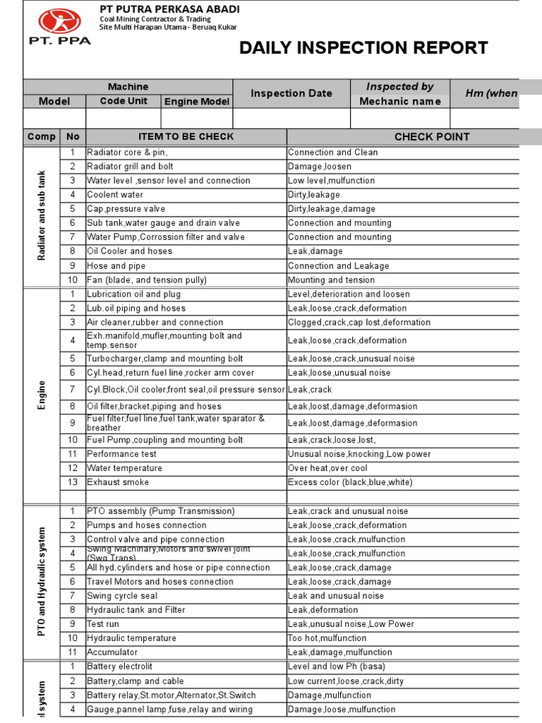 Daily Machine Inspection Checklist | PDF | Leak | Engines