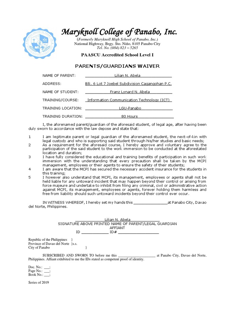 MCPI Student Work Immersion Waiver | PDF | Government Information ...