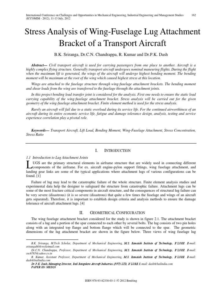 Stress Analysis Of Wing Fuselage Lug Attachment Of A Transport A C Finite Element Method Strength Of Materials