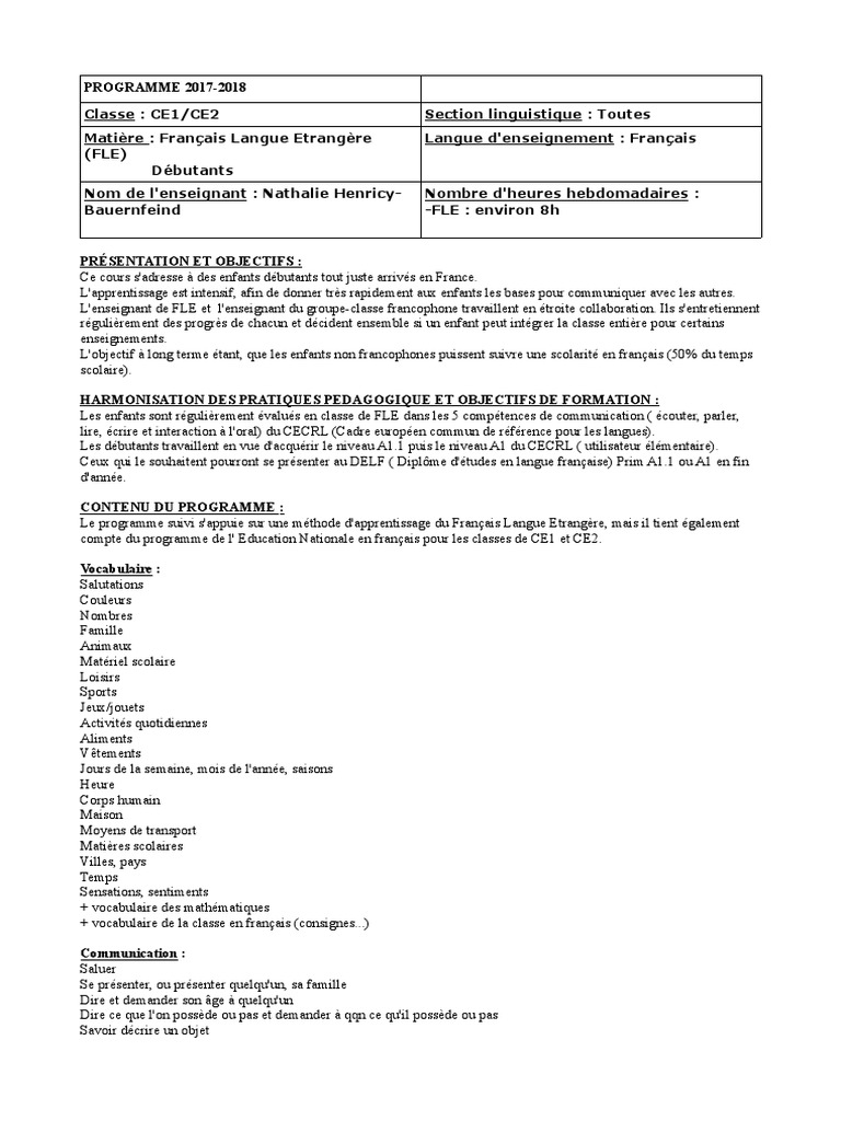 Progression Fle Niveau Ce1 Ce2 Debutants 15 16 Genre Grammatical Nombre Grammatical