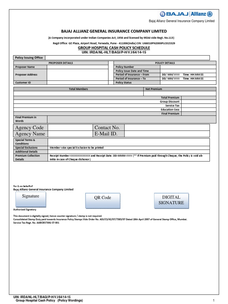 Bajaj Allianz Group Hospital Cash Policy | PDF | Insurance Policy ...
