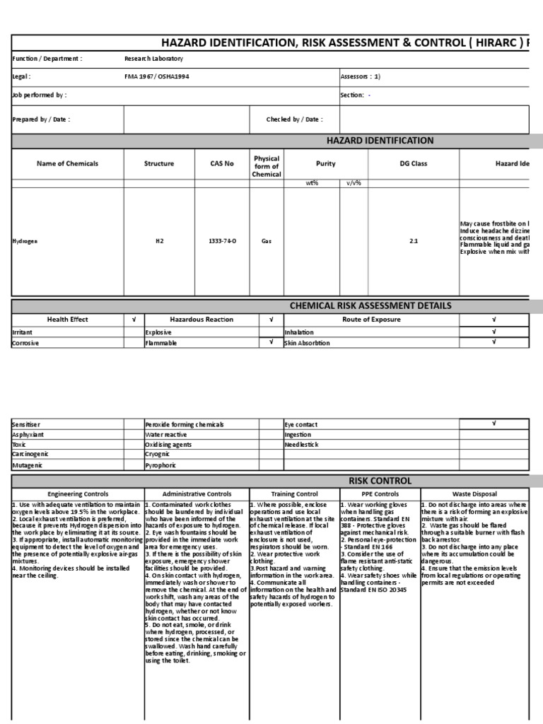 Format Template Hirarc (Hydrogen) New | PDF | Personal Protective ...
