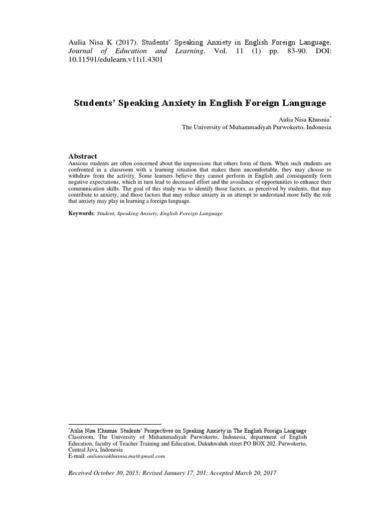 Students' Speaking Anxiety in English Foreign Language | PDF | Anxiety ...