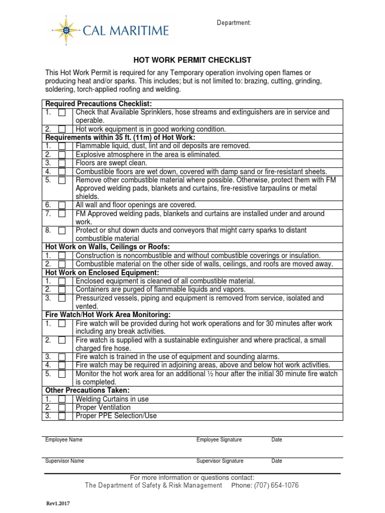 Hot Work Permit Safety Checklist | PDF | Fires | Welding