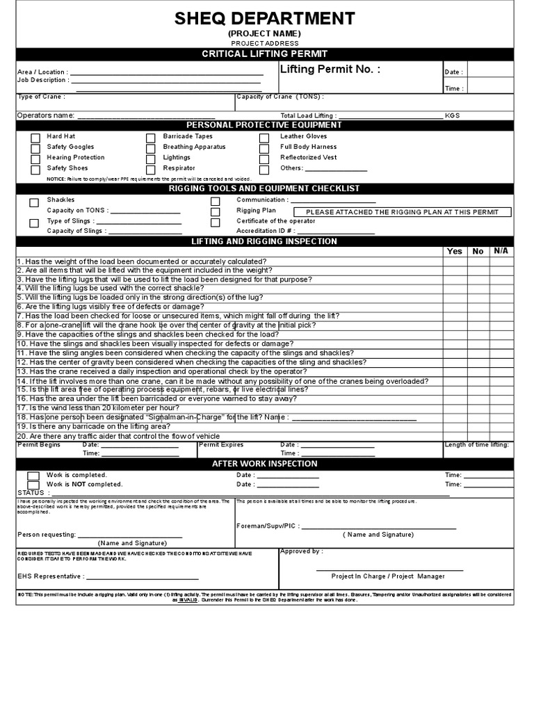 Lifting Permit No. Personal Protective Equipment Safety