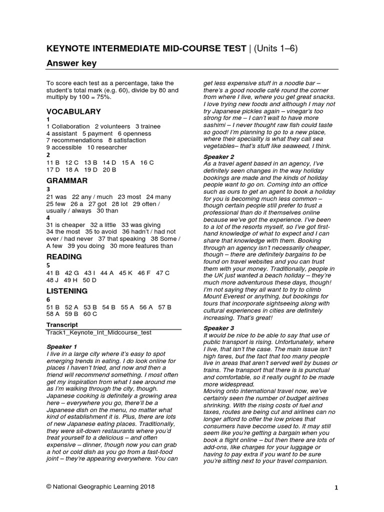 Keynote Intermediate Mid Course Test Key and Script | PDF | Japanese ...