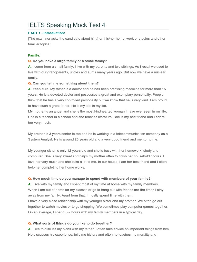 IELTS Speaking Mock Test 4 Family | PDF | Schools | Teachers