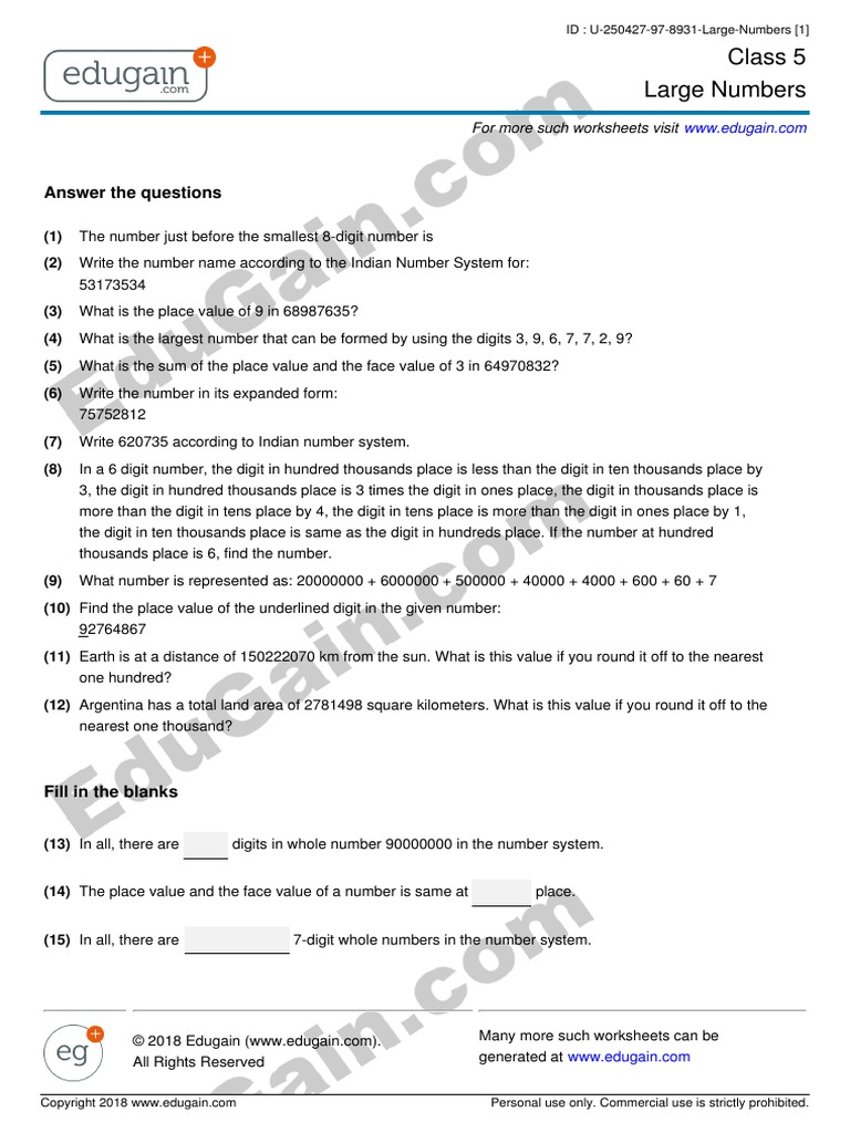 Class 5 Large Numbers: Answer The Questions | PDF | Numbers | Encodings