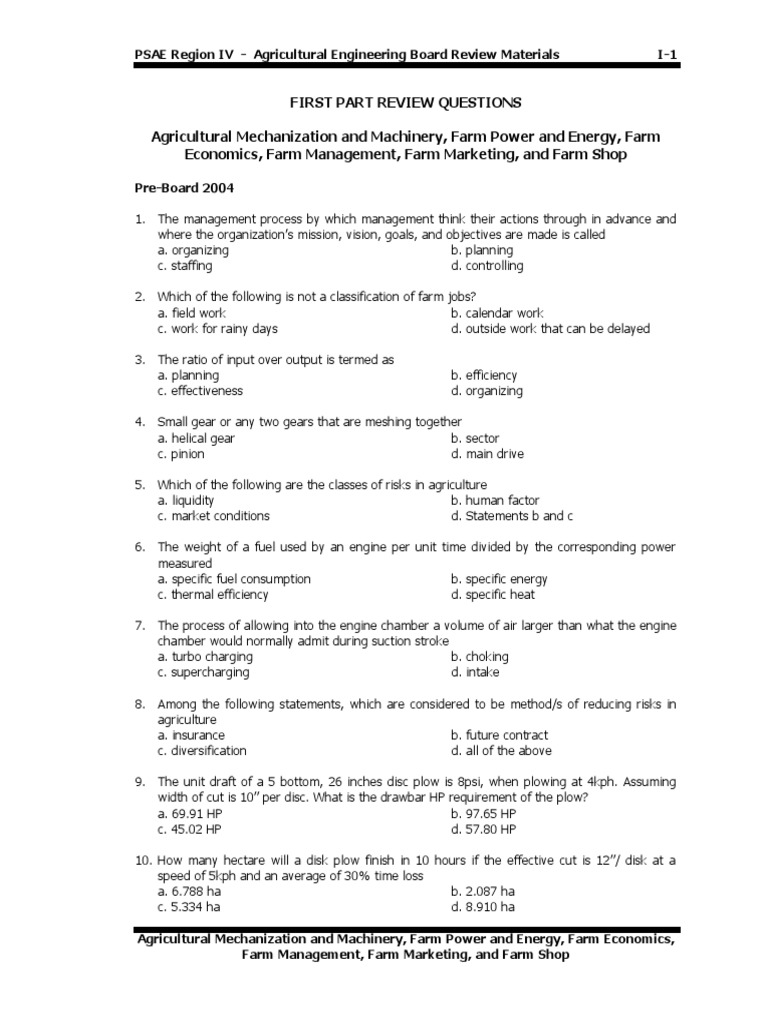 First Part Review Questions Agricultural Mechanization and Machinery