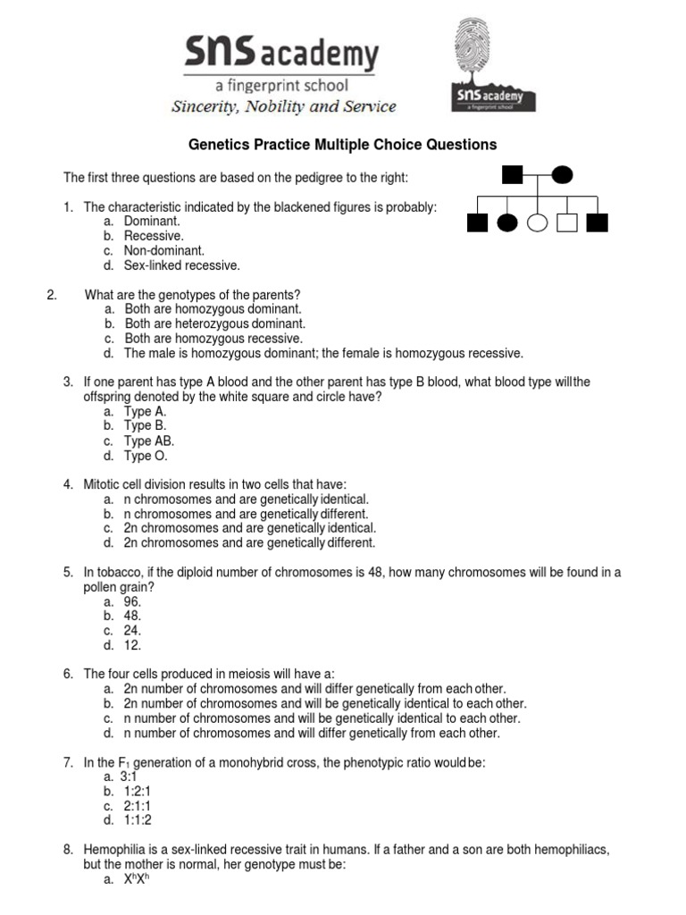 Genetics MCQs Practice Test | PDF | Dominance (Genetics) | Zygosity