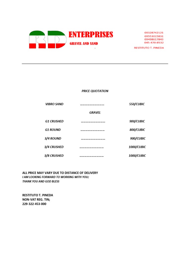 Price Quotation for Sand and Gravel | PDF | Business | Technology ...