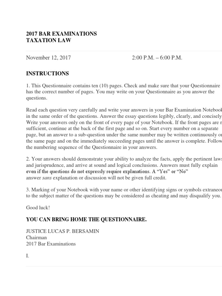 2017 Bar Exam Taxation Law Questions | PDF | Value Added Tax | Taxes