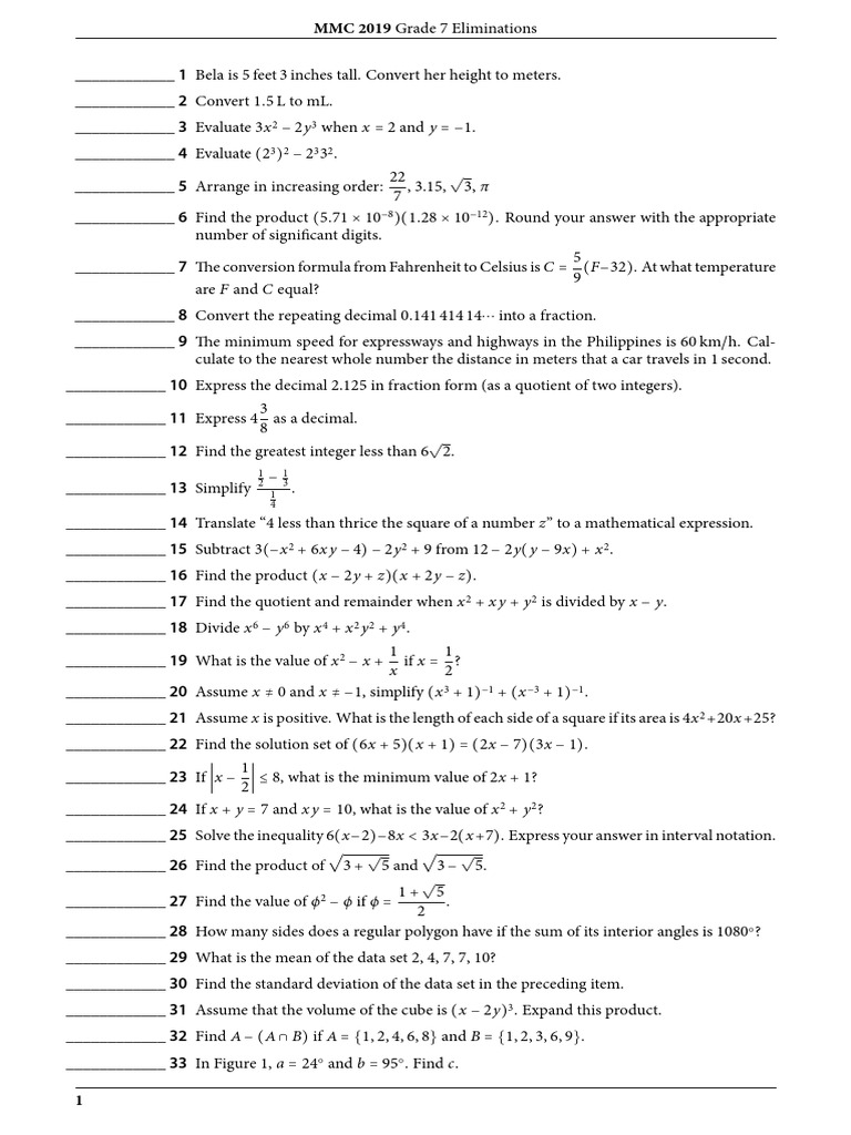 2019 Metrobank-MTAP-DepEd Math Challenge Elimination Grade 7 PDF | PDF ...