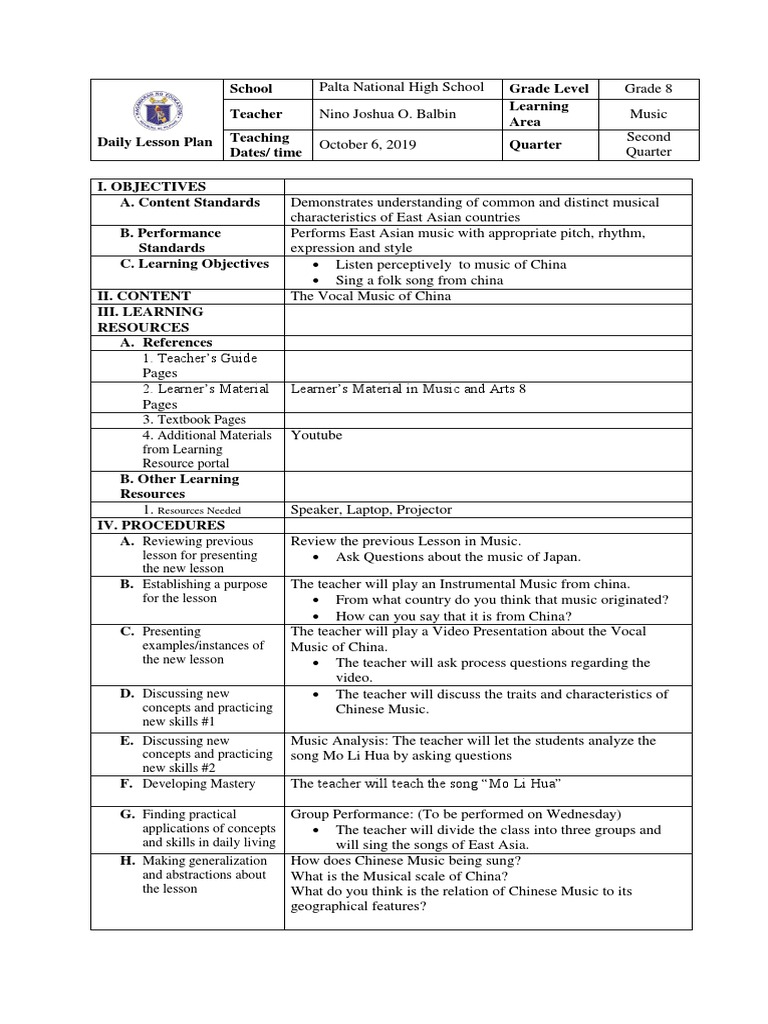 Lesson Plan in The Vocal Music of China | PDF | Lesson Plan | Teachers