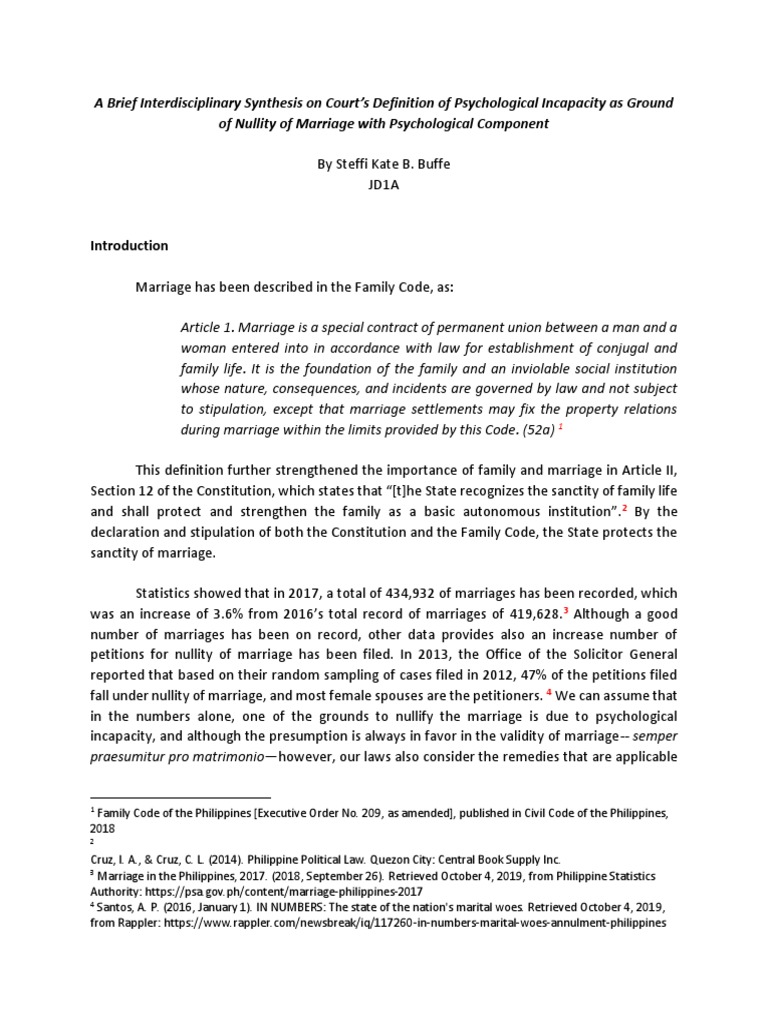 Psychological Incapacity in Marriage Nullity | PDF | Marriage | Annulment