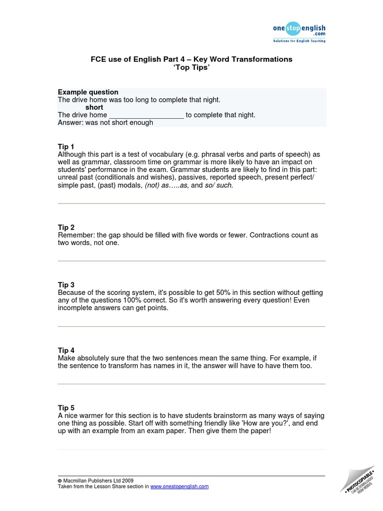 FCE Tips - Use of English Part 4 - Key Word Transformations PDF | PDF