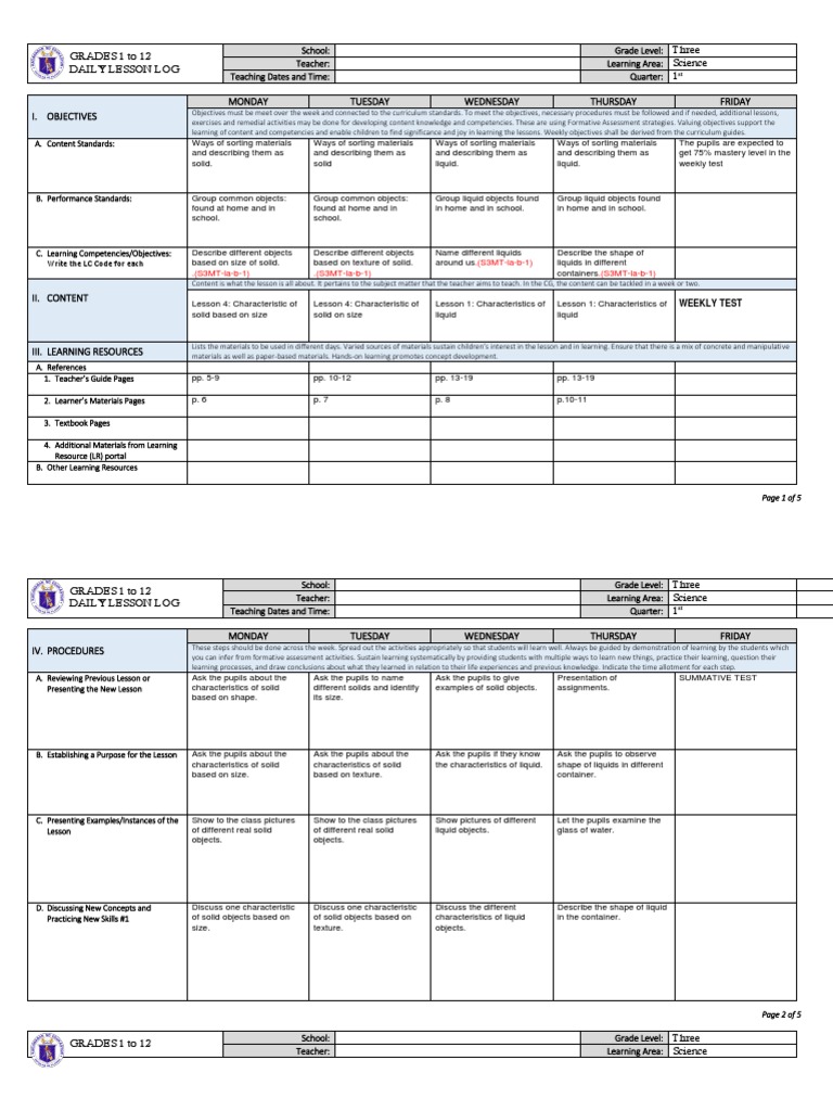 Grade 3 Science Daily Lesson Log | PDF | Teachers | Educational Assessment