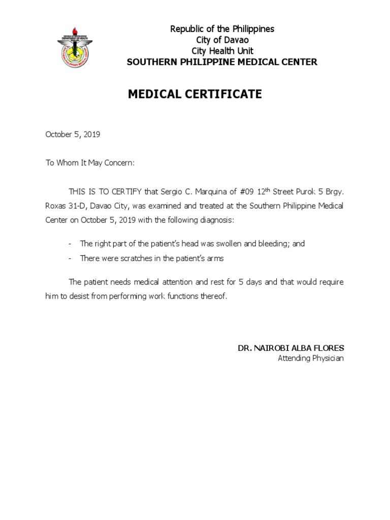 Medical Certificate Southern Philippine Medical Center PDF