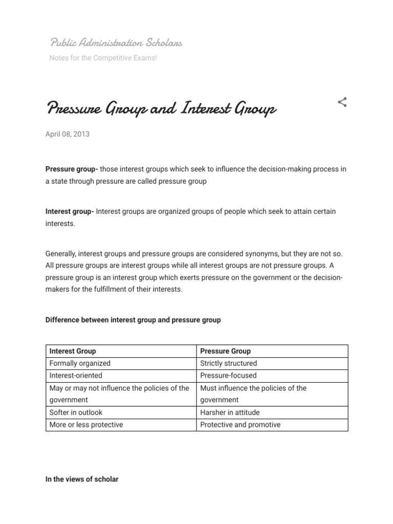 Differences Between Pressure and Interest Groups | PDF | Advocacy Group ...