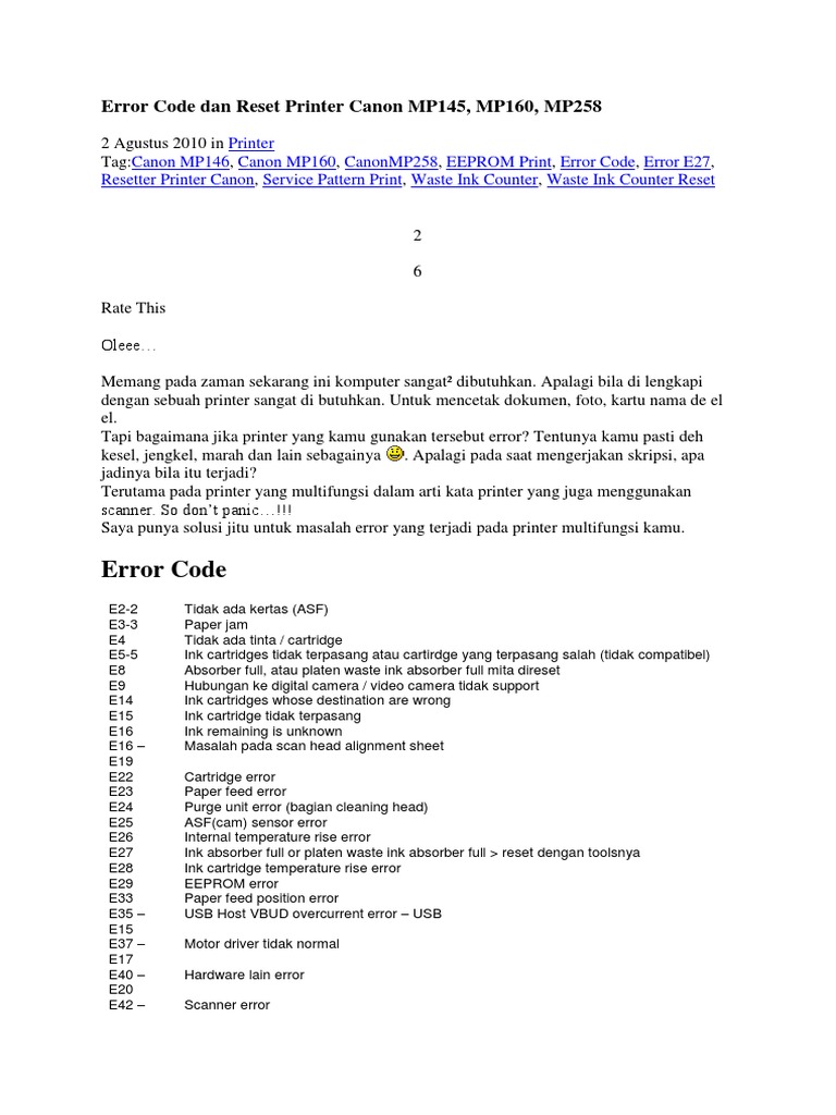 Error Code Dan Reset Printer Canon MP145 | PDF