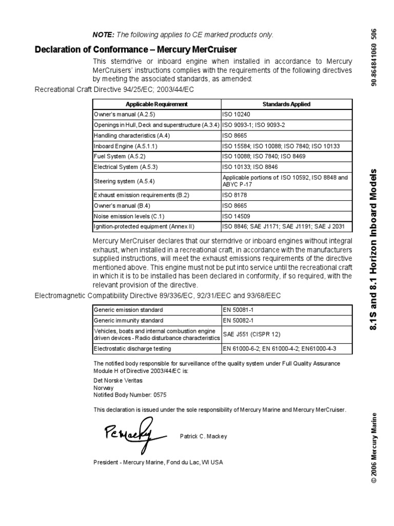 Declaration of Conformance - Mercury Mercruiser: Applicable Requirement ...
