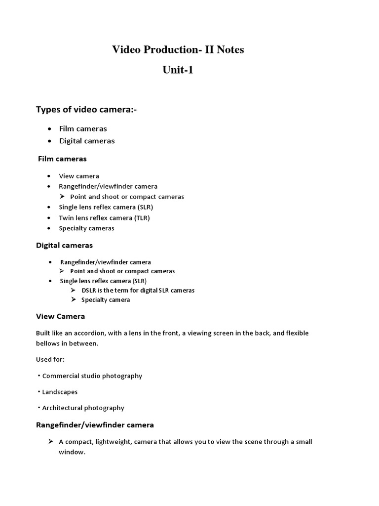 Video Production Notes Unit 1 PDF Image Resolution Zoom Lens
