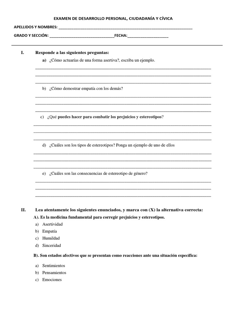 Examen de Desarrollo Personal y Cívica | PDF | Estereotipos | Prejuicios