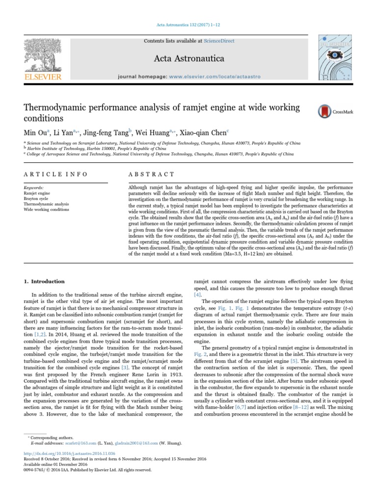 Thermodynamic Performance Analysis of Ramjet Engine at Wide Working ...