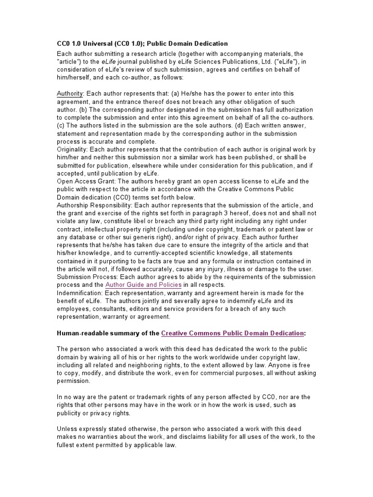 CC0 1.0 Universal (CC0 1.0) Public Domain Dedication: Author Guide and