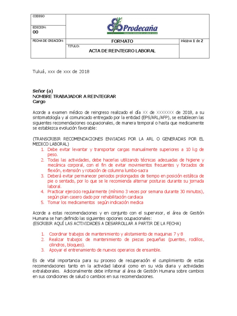 Acta de Reintegro Laboral | PDF | Salud y bienestar | Medicina