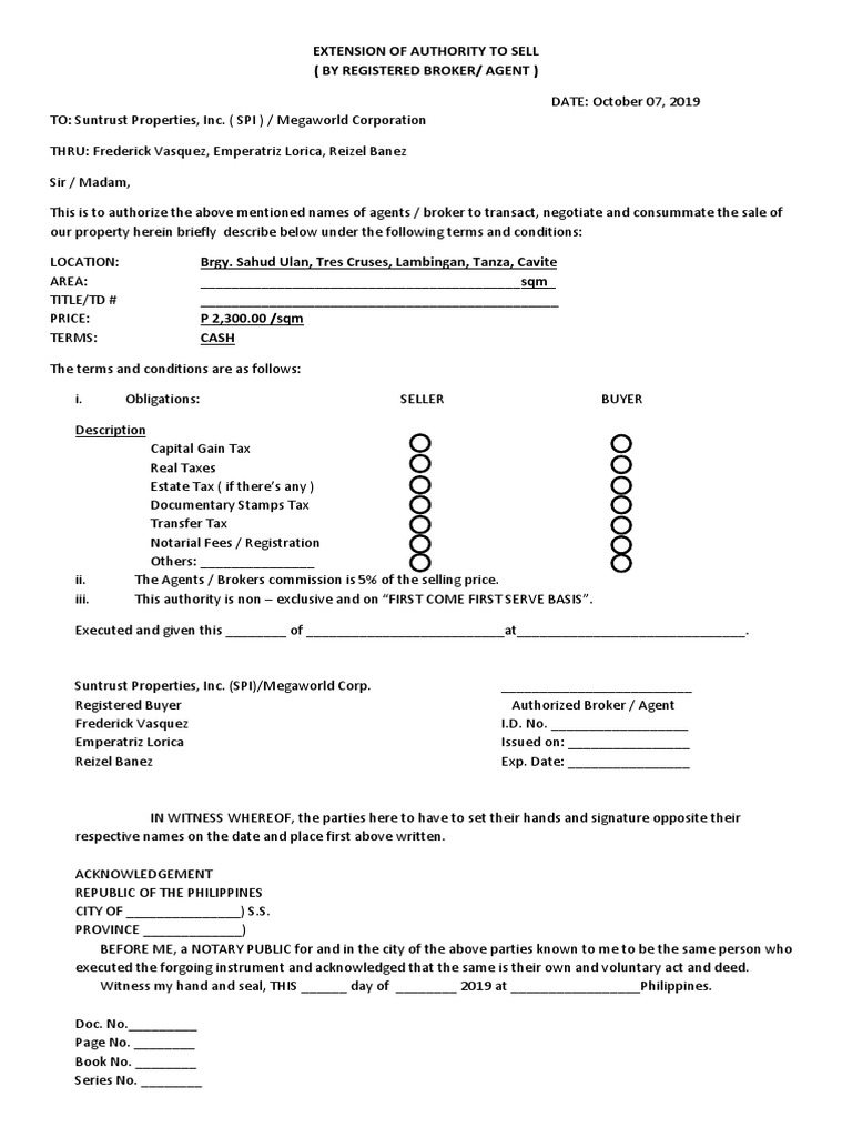 Extension Of Authority To Sell ( By Registered Broker/ Agent ) Broker Taxes