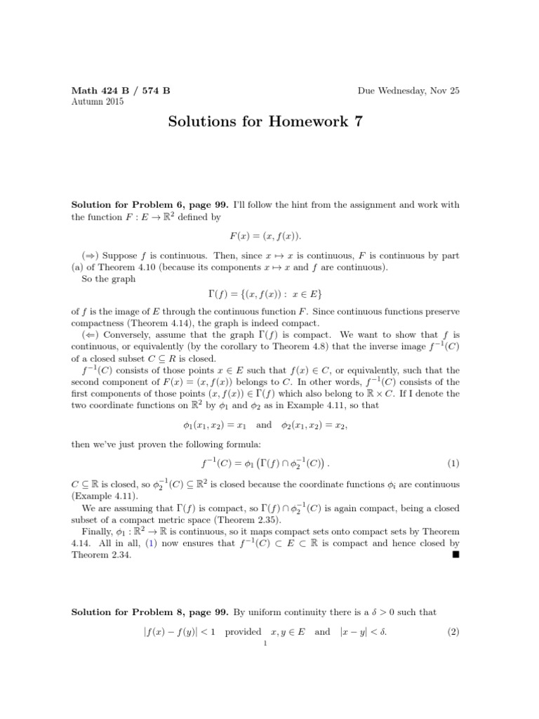 Solutions For Homework 7: Autumn 2015 | PDF | Continuous Function ...