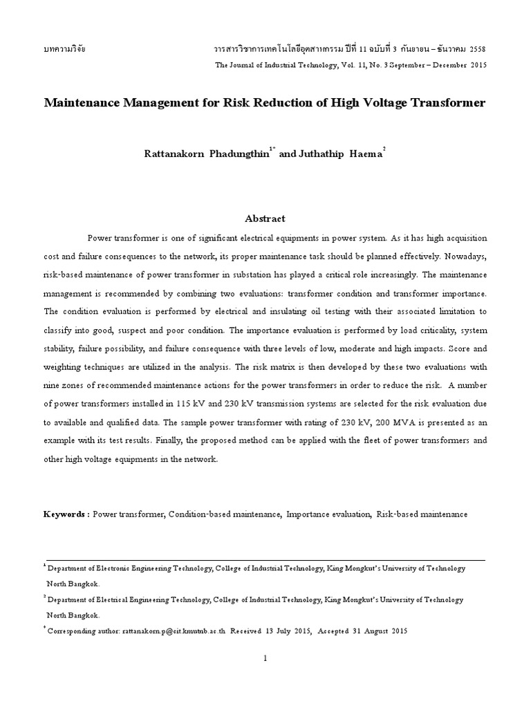 Risk-Based Maintenance for HV Transformers | PDF | Transformer ...