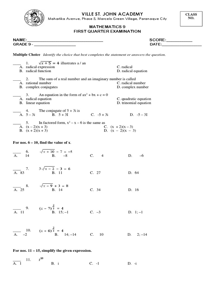 1st Quarter Exam Math 9 PDF | PDF | Area | Quadratic Equation